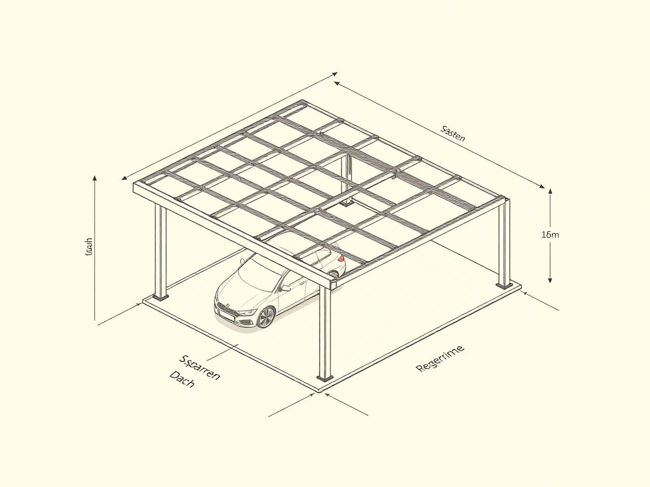 Technische Skizze eines Aluminium-Carports mit beschrifteten Bauteilen und Maßangaben