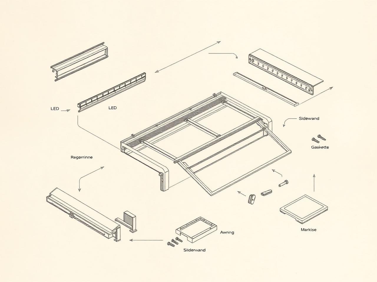 Übersichts-Skizze einer Aluminium-Überdachung mit beschrifteten Einzelteilen und Erweiterungen
