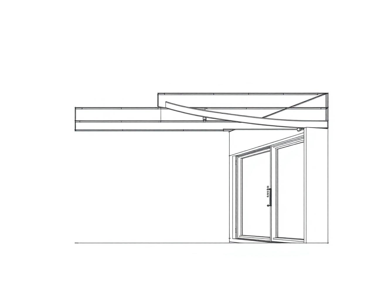 Technische Skizze einer Aluminium-Terrassenüberdachung mit Pfosten, Sparren und Entwässerung