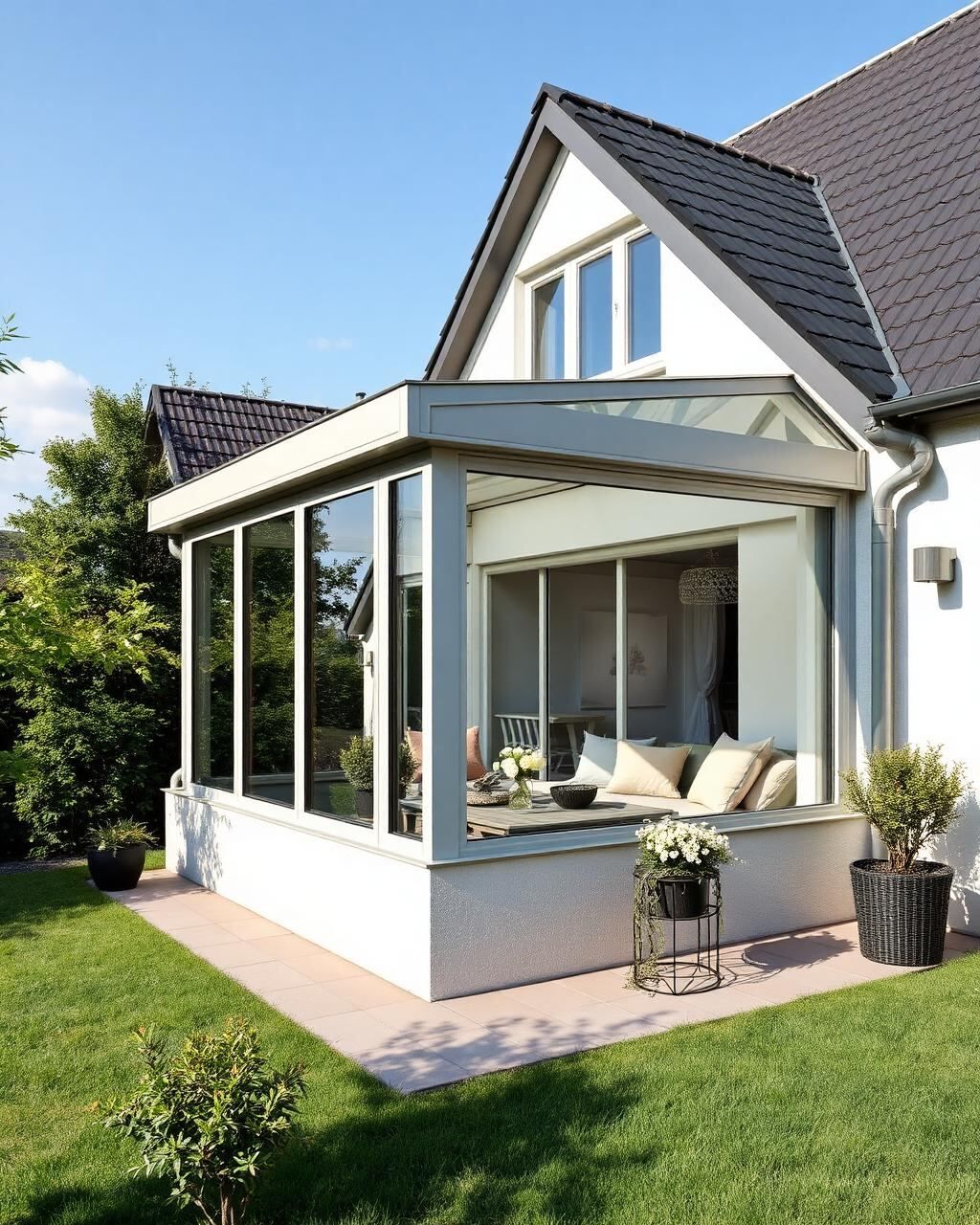 Detailansicht einer Aluminium-Terrassenüberdachung mit Glasdach in Bakum