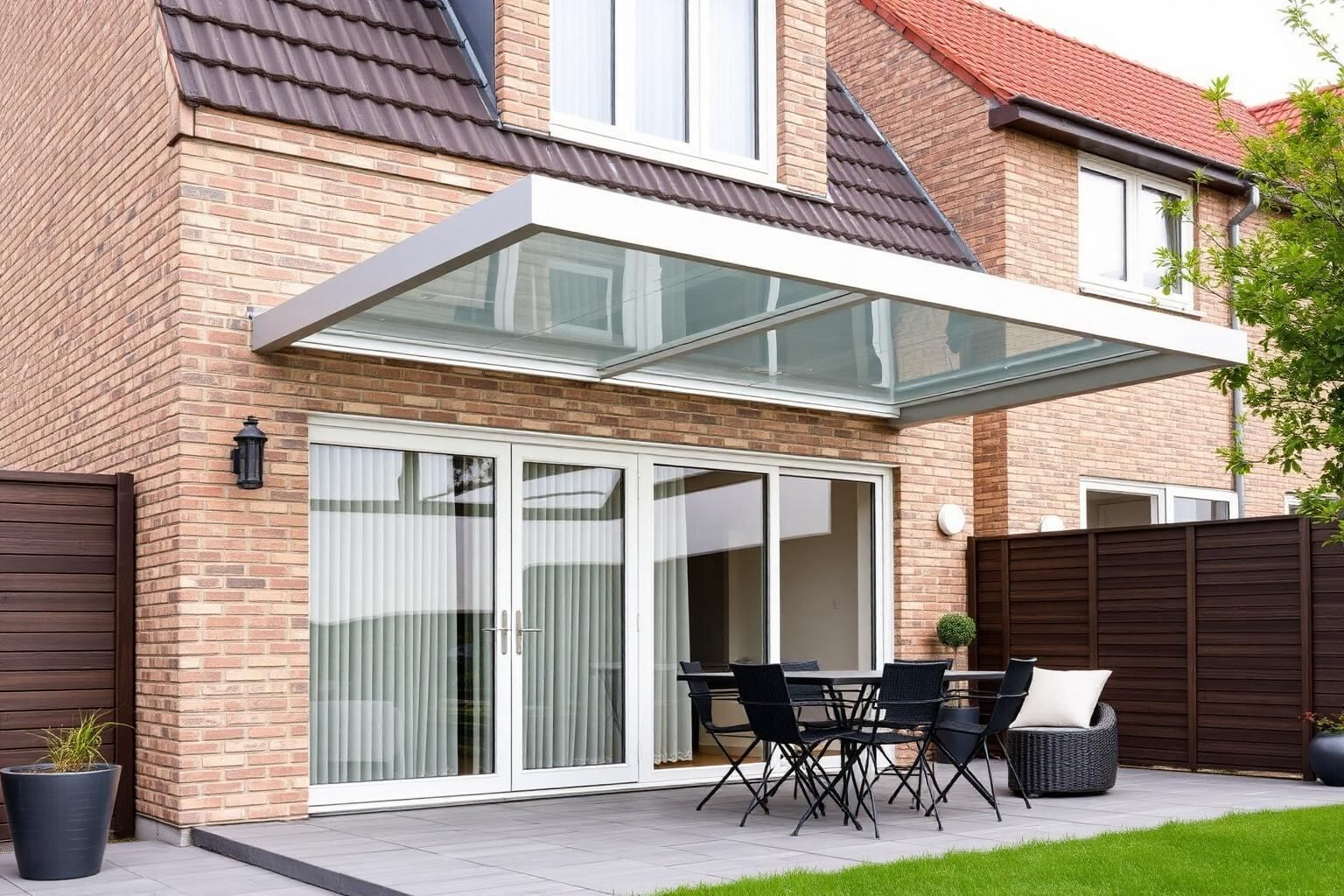 Maßgefertigte Aluminium-Terrassenüberdachung an einem Einfamilienhaus in Bakum