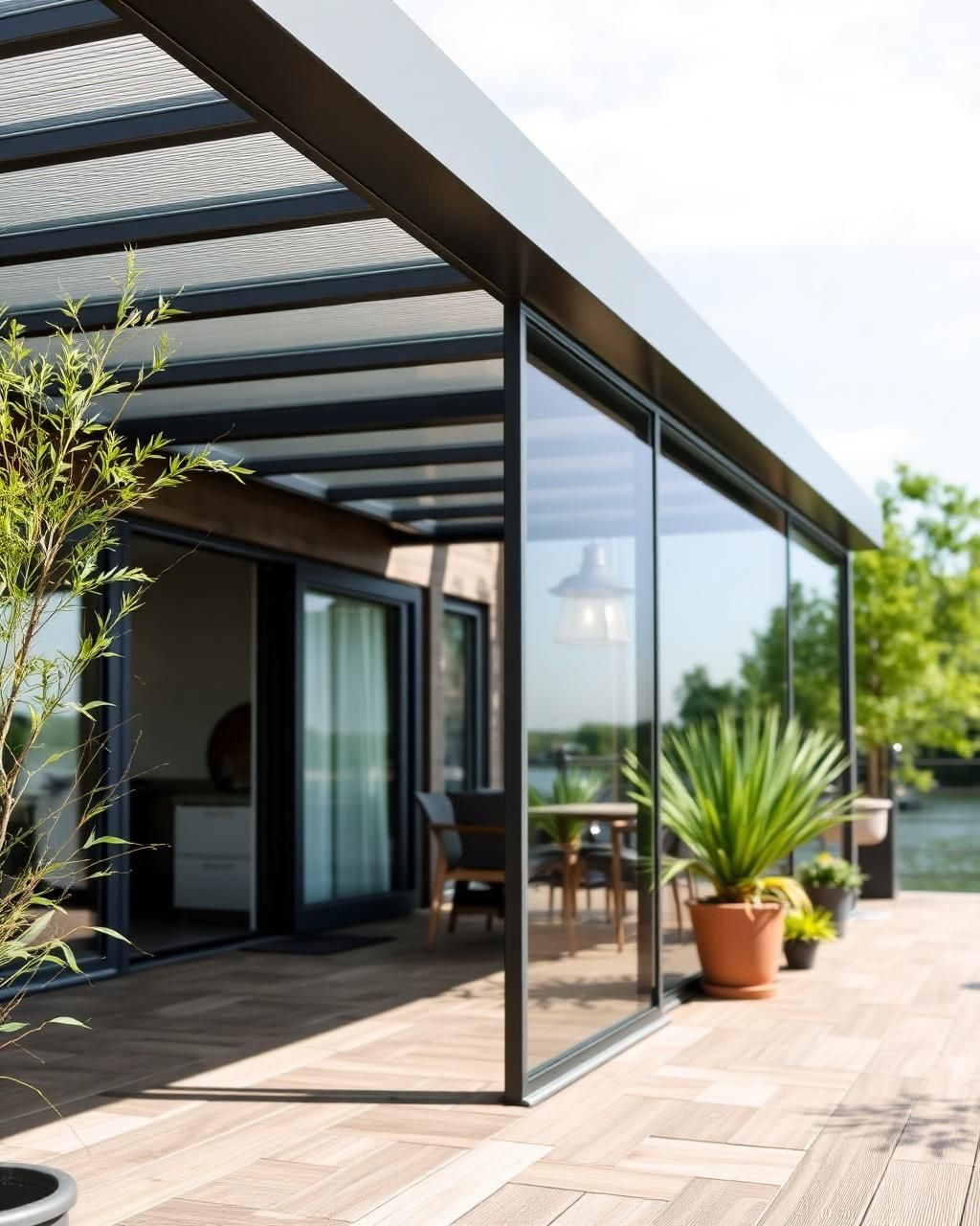 Detailansicht einer Aluminium-Terrassenüberdachung mit Glasdach in Barßel