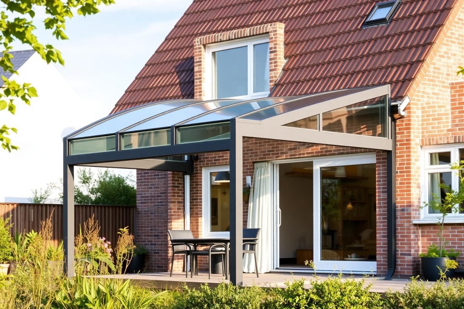 Maßgefertigte Aluminium-Terrassenüberdachung an einem Einfamilienhaus in Barßel