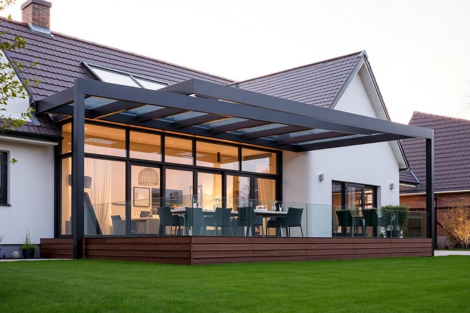 Maßgefertigte Aluminium-Terrassenüberdachung an einem Einfamilienhaus in Bösel