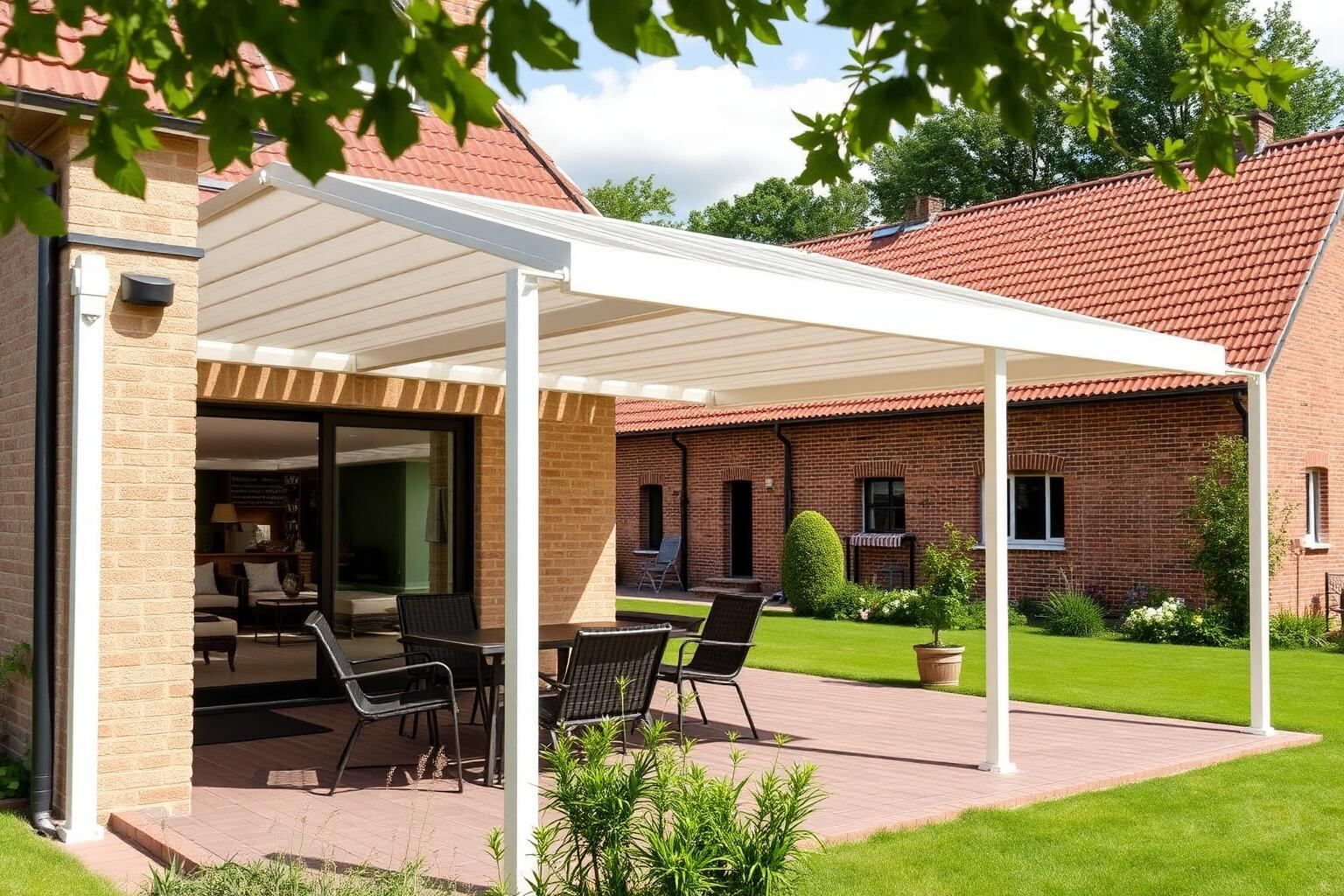 Maßgefertigte Aluminium-Terrassenüberdachung an einem Einfamilienhaus in Cappeln