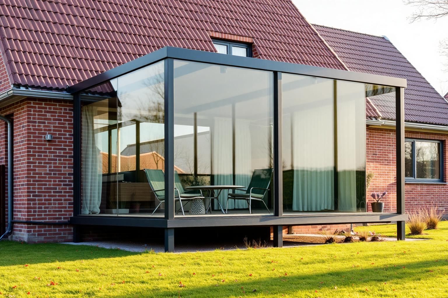 Maßgefertigte Aluminium-Terrassenüberdachung an einem Einfamilienhaus in Cloppenburg