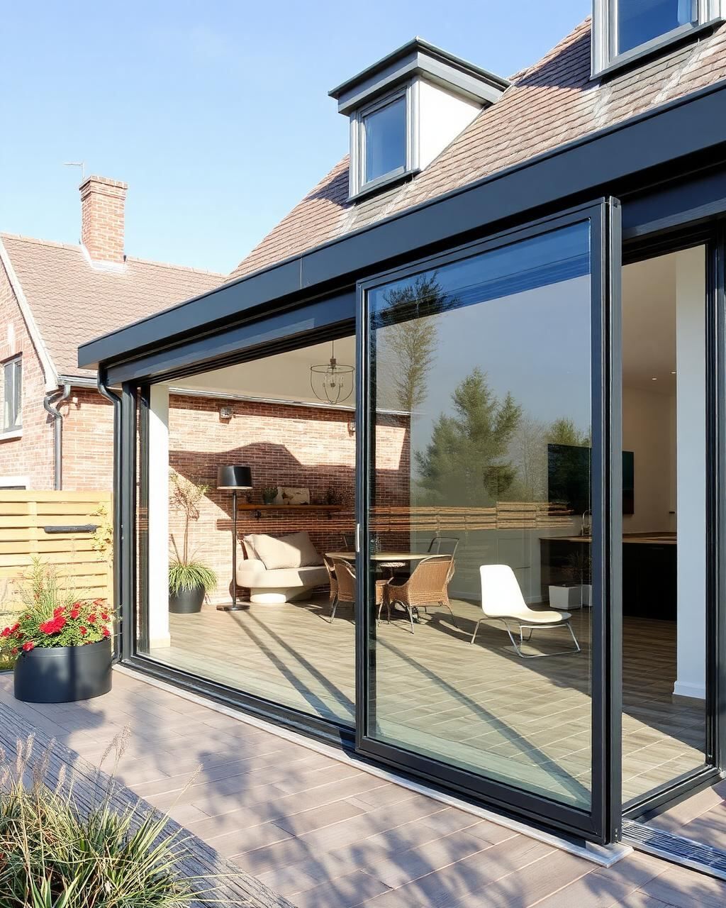 Detailansicht einer Aluminium-Terrassenüberdachung mit Glasdach in Damme