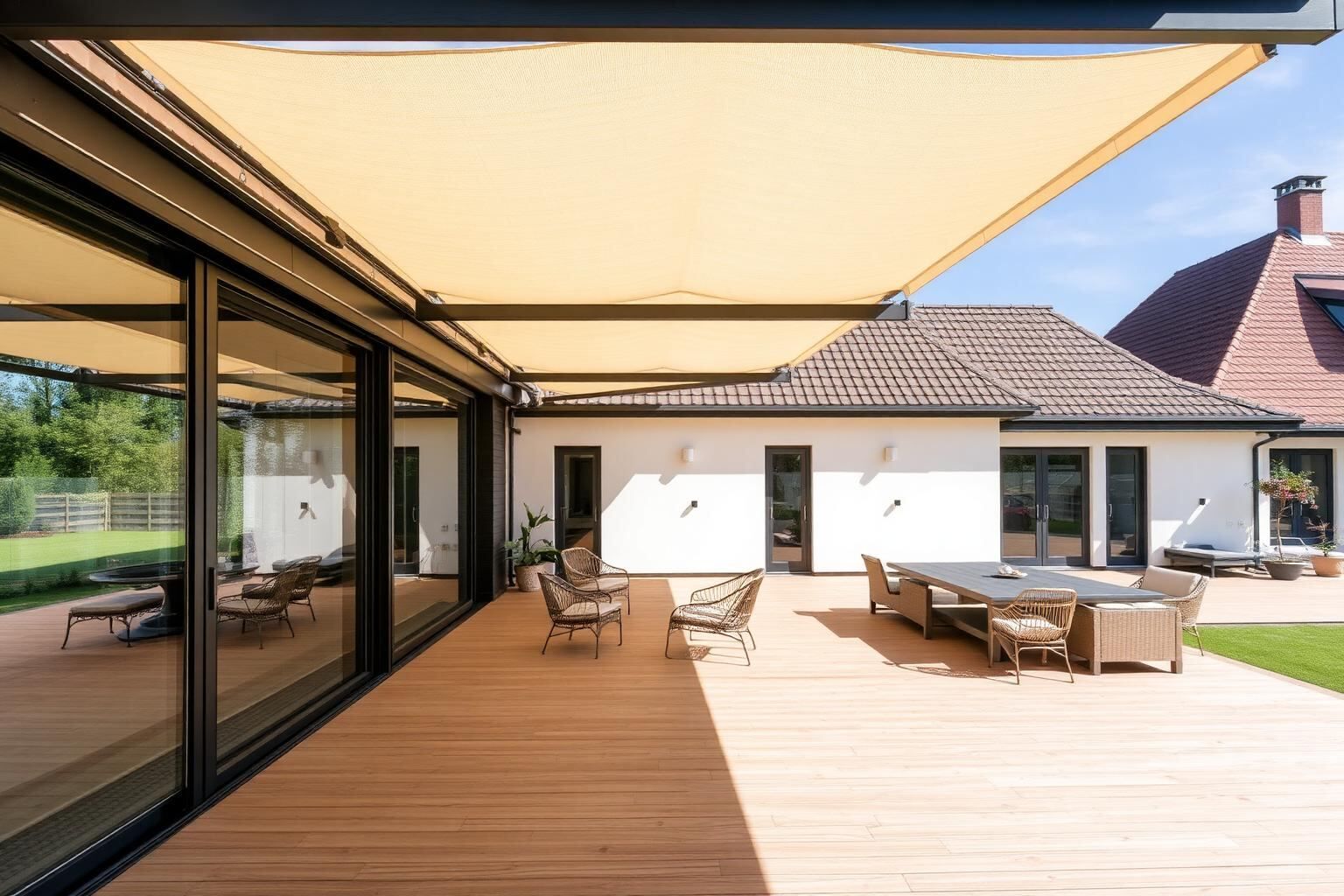 Maßgefertigte Aluminium-Terrassenüberdachung an einem Einfamilienhaus in Damme
