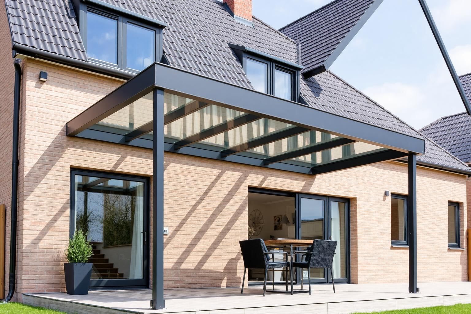 Maßgefertigte Aluminium-Terrassenüberdachung an einem Einfamilienhaus in Dinklage