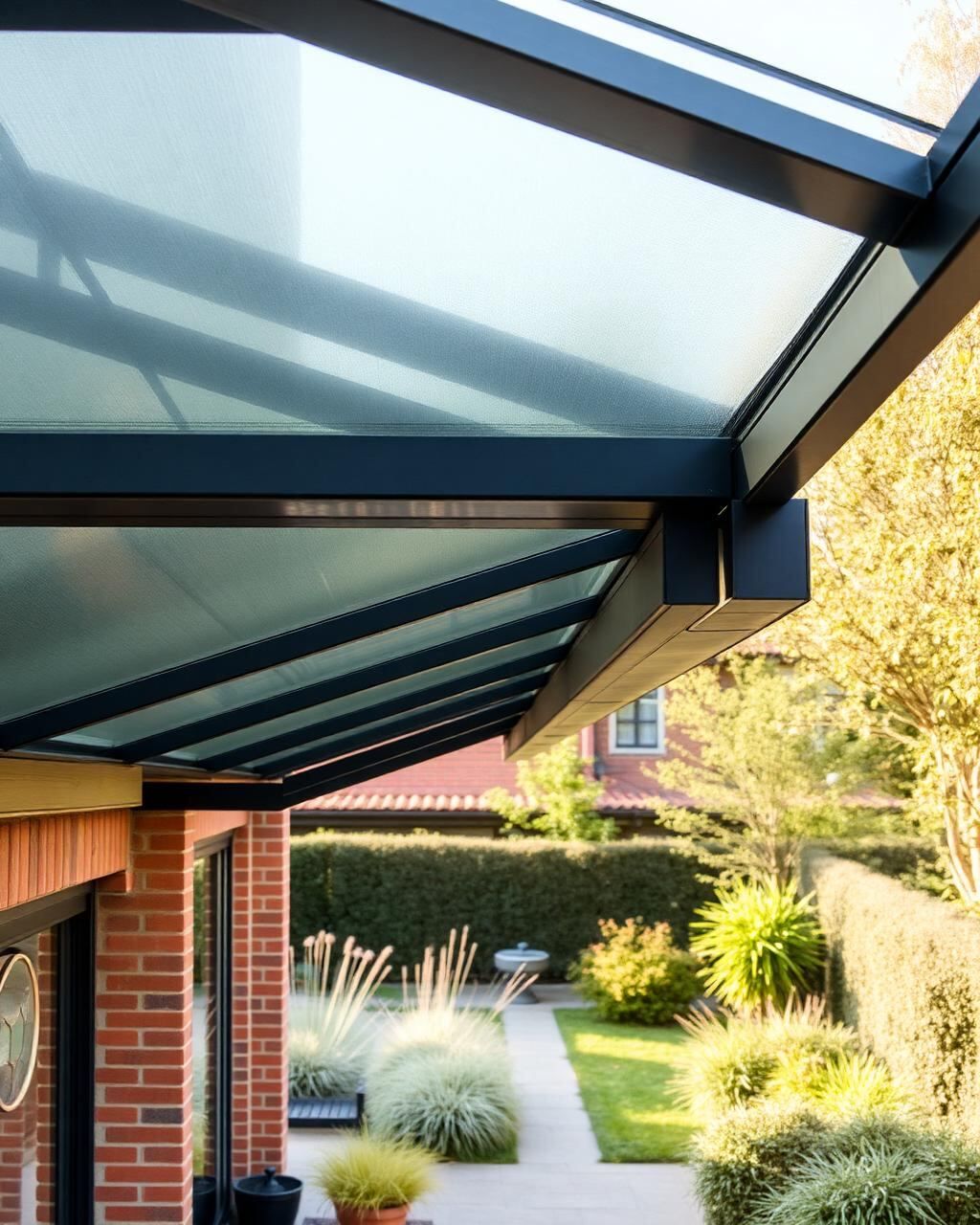 Detailansicht einer Aluminium-Terrassenüberdachung mit Glasdach in Dötlingen