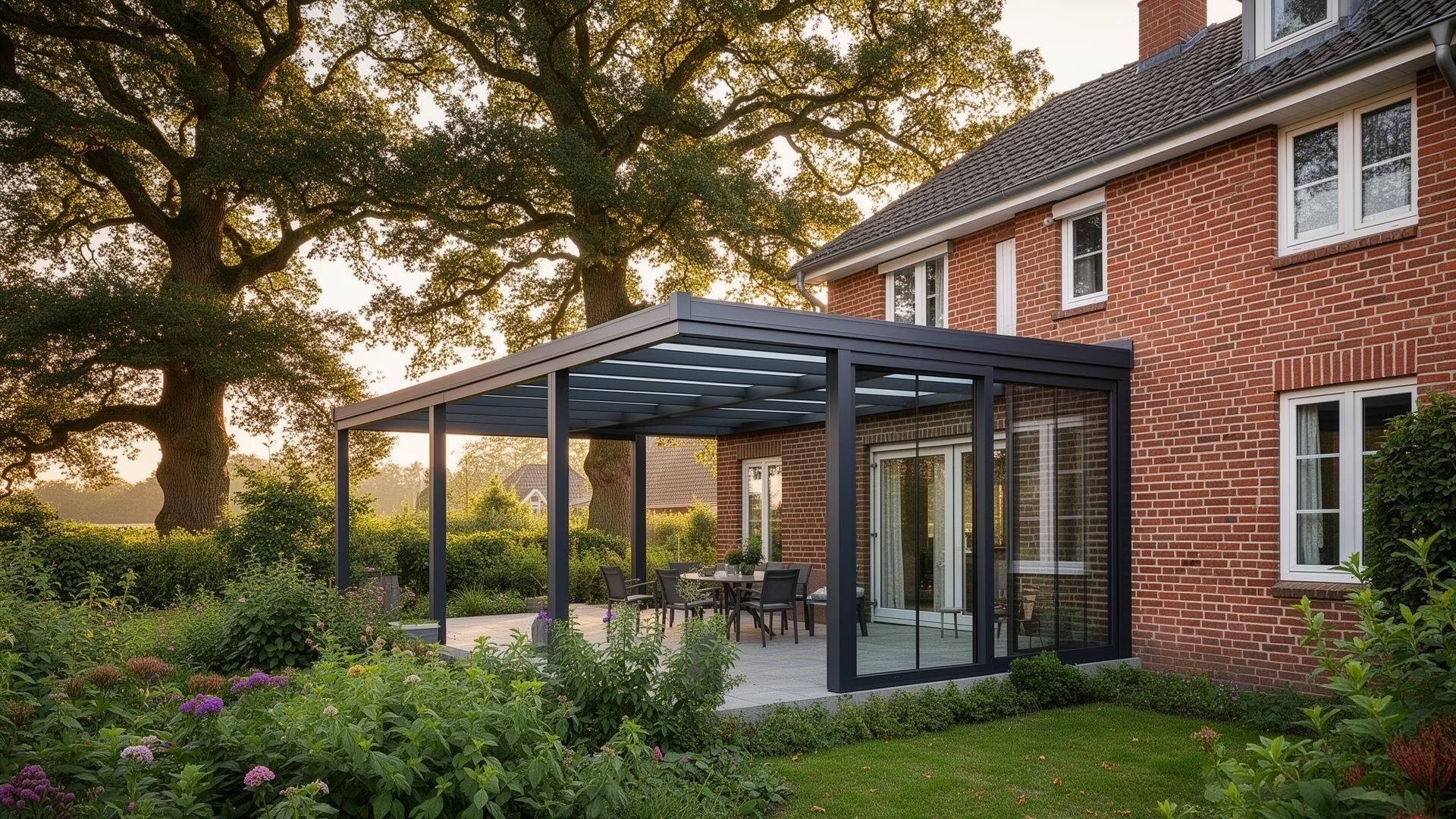 Maßgefertigte Aluminium-Terrassenüberdachung an einem Einfamilienhaus in Dötlingen