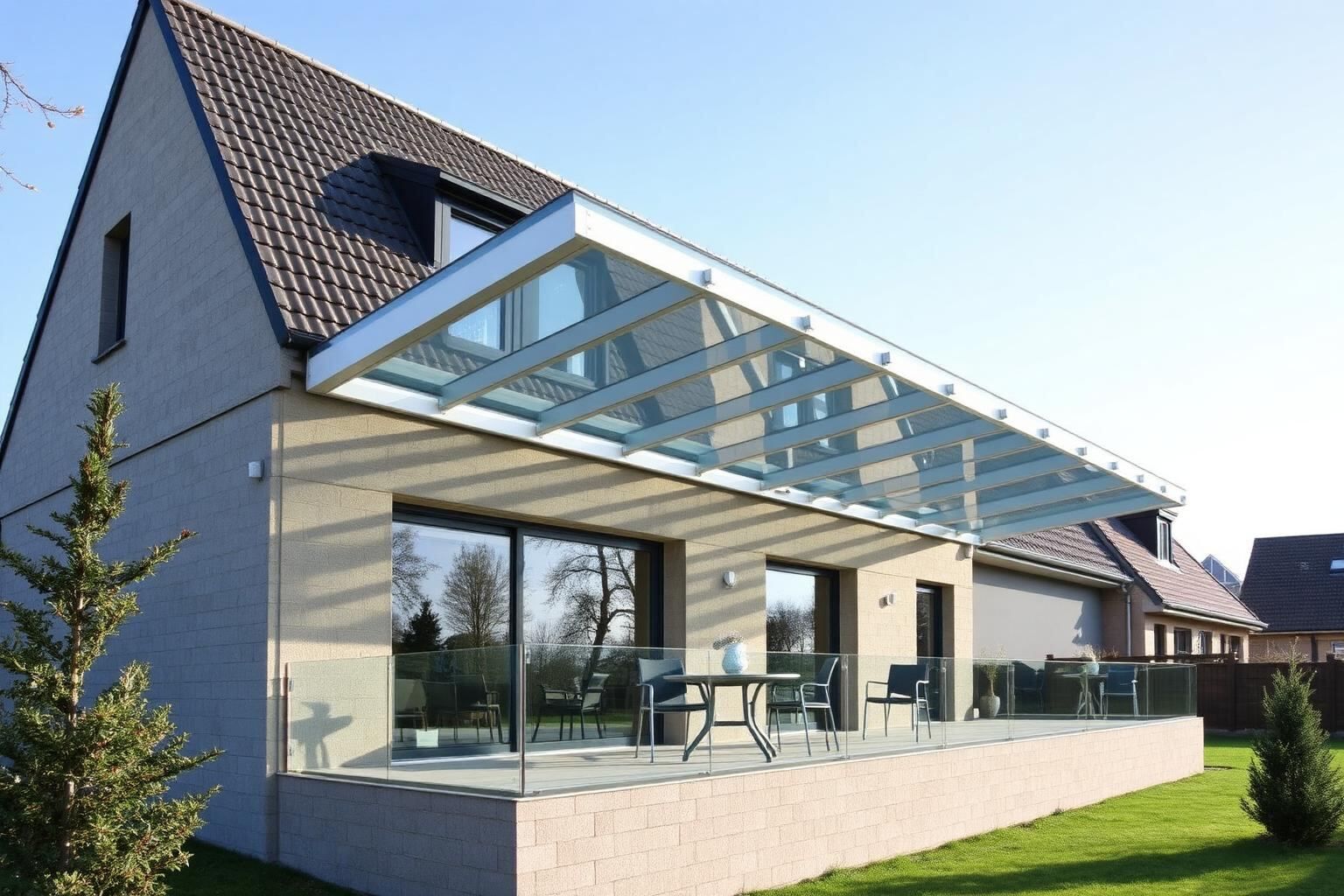Maßgefertigte Aluminium-Terrassenüberdachung an einem Einfamilienhaus in Emstek