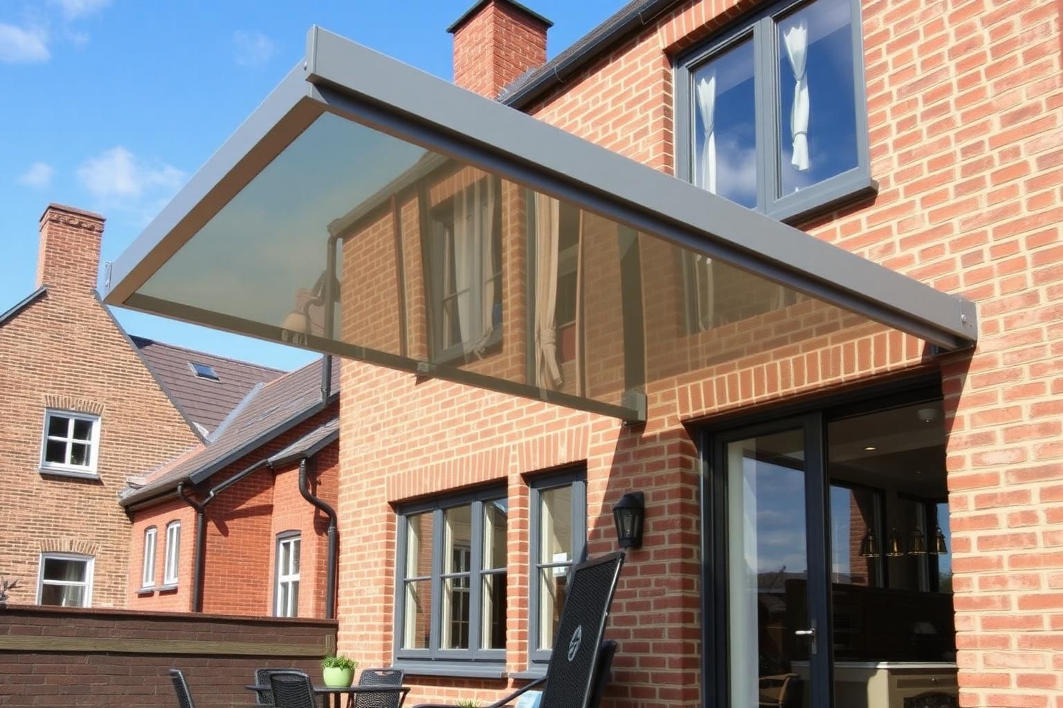 Maßgefertigte Aluminium-Terrassenüberdachung an einem Einfamilienhaus in Essen (Oldenburg)