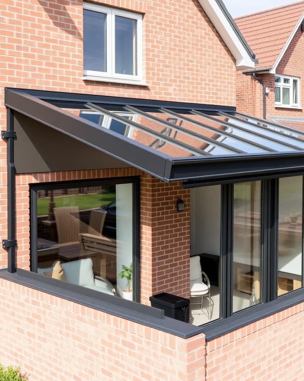 Detailansicht einer Aluminium-Terrassenüberdachung mit Glasdach in Ganderkesee