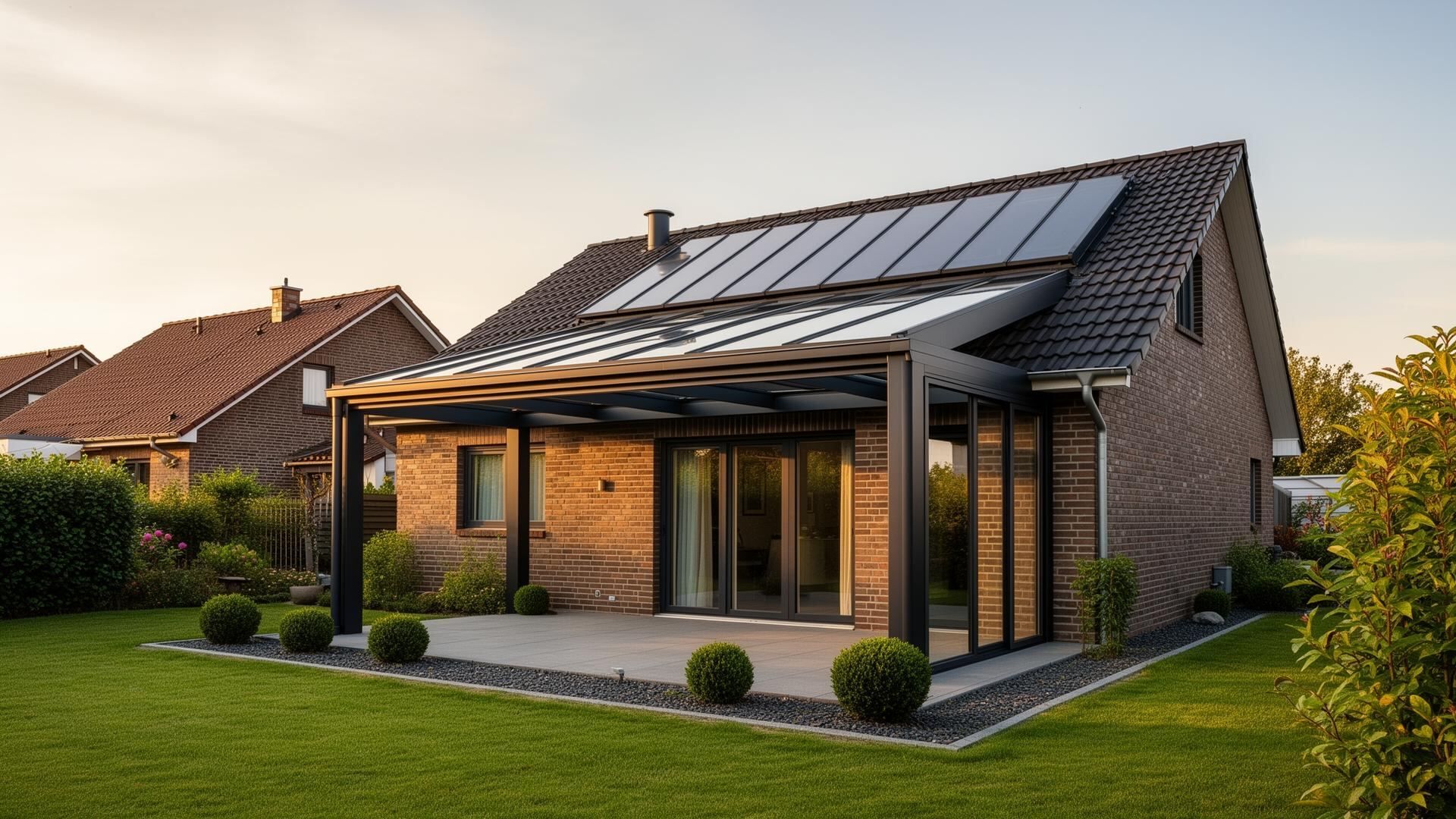 Maßgefertigte Aluminium-Terrassenüberdachung an einem Einfamilienhaus in Ganderkesee