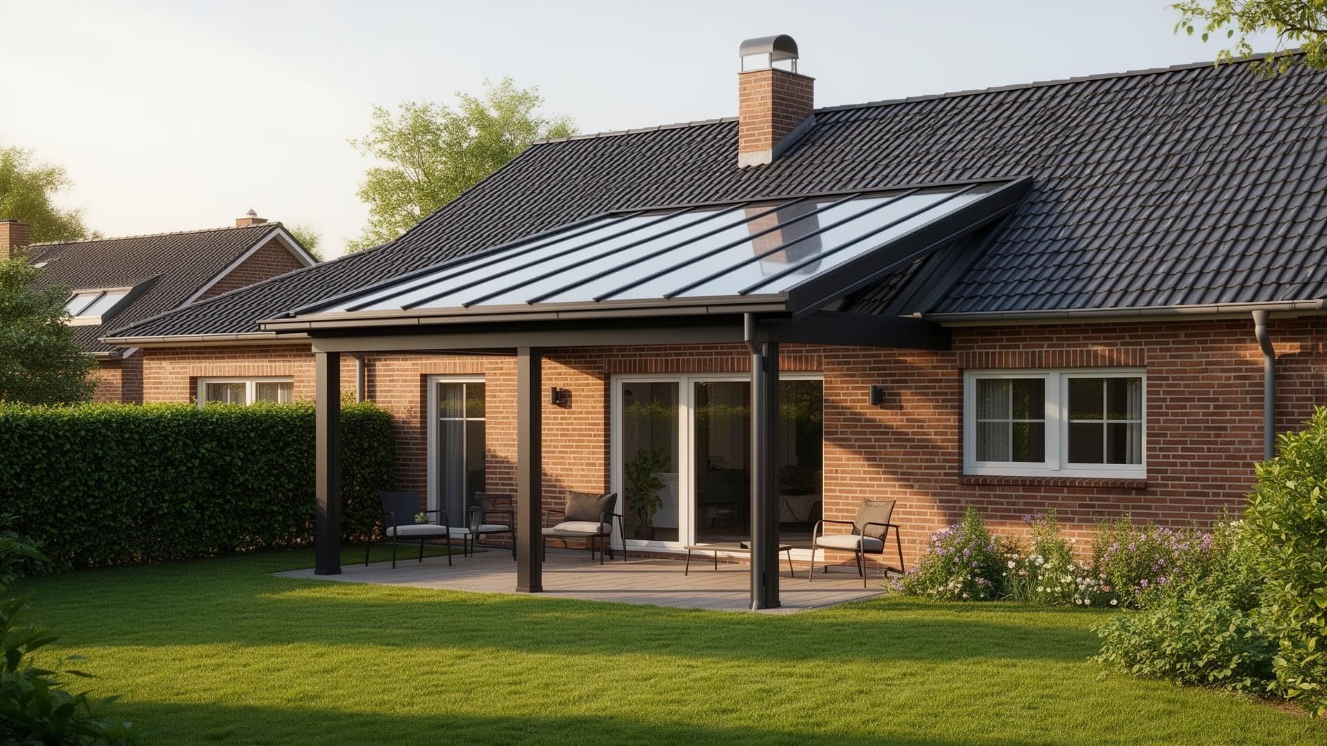 Maßgefertigte Aluminium-Terrassenüberdachung an einem Einfamilienhaus in Großenkneten