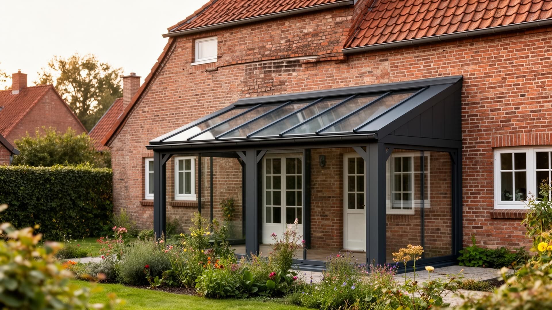 Maßgefertigte Aluminium-Terrassenüberdachung an einem Einfamilienhaus in Harpstedt