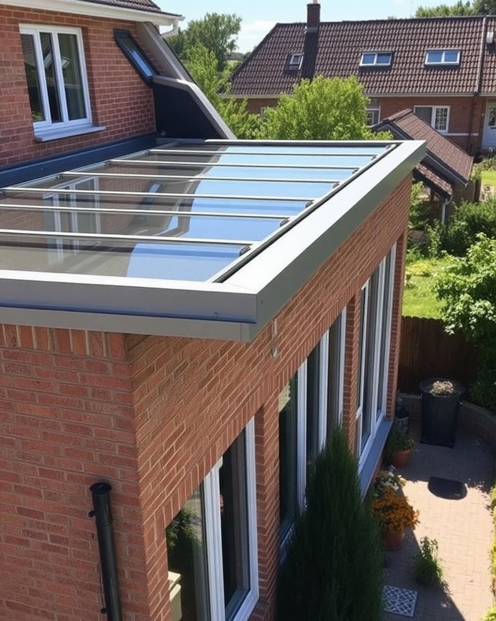 Detailansicht einer Aluminium-Terrassenüberdachung mit Glasdach in Hude