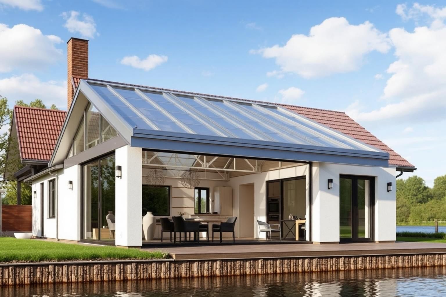 Maßgefertigte Aluminium-Terrassenüberdachung an einem Einfamilienhaus in Löningen