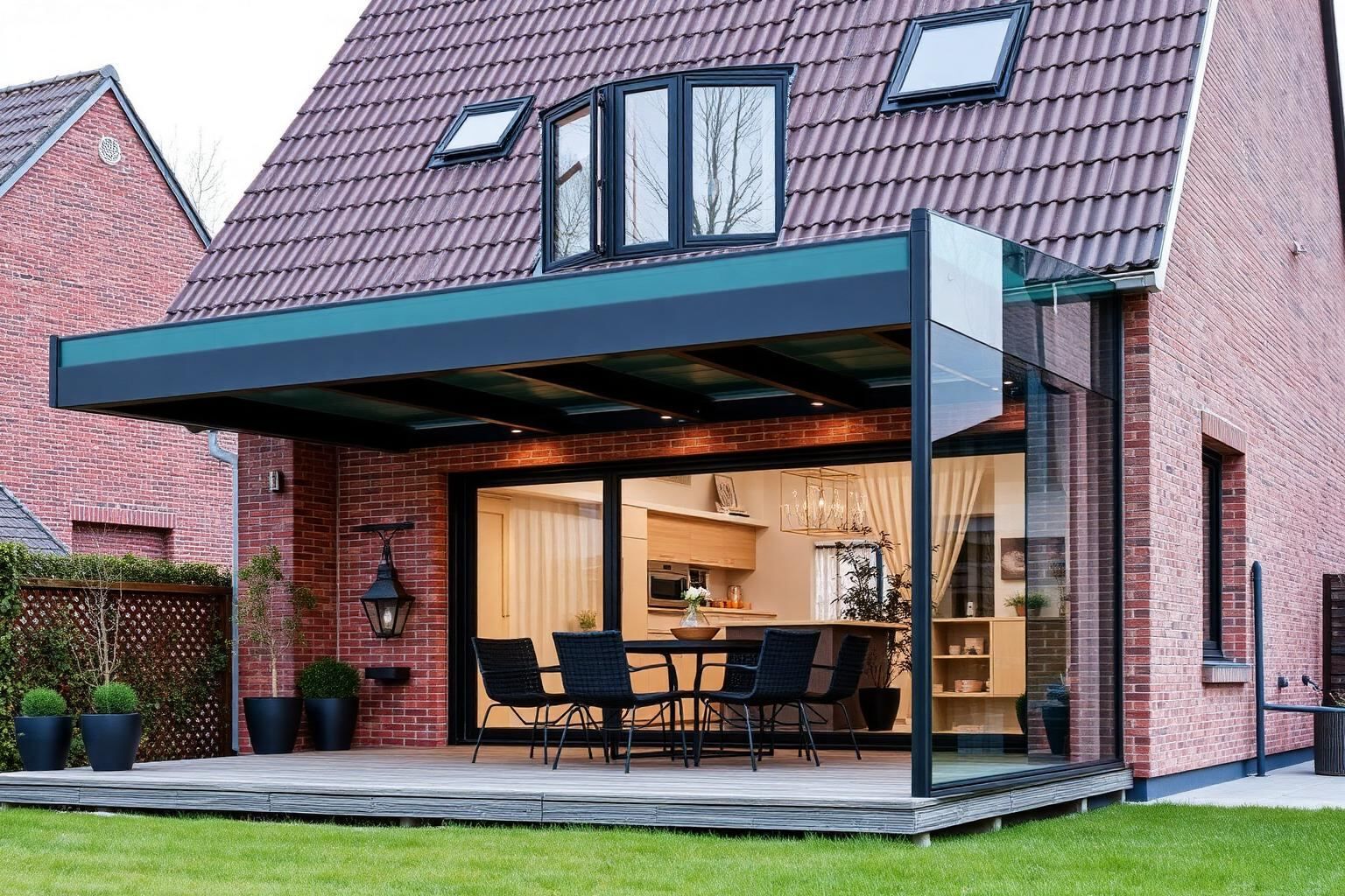 Maßgefertigte Aluminium-Terrassenüberdachung an einem Einfamilienhaus in Molbergen