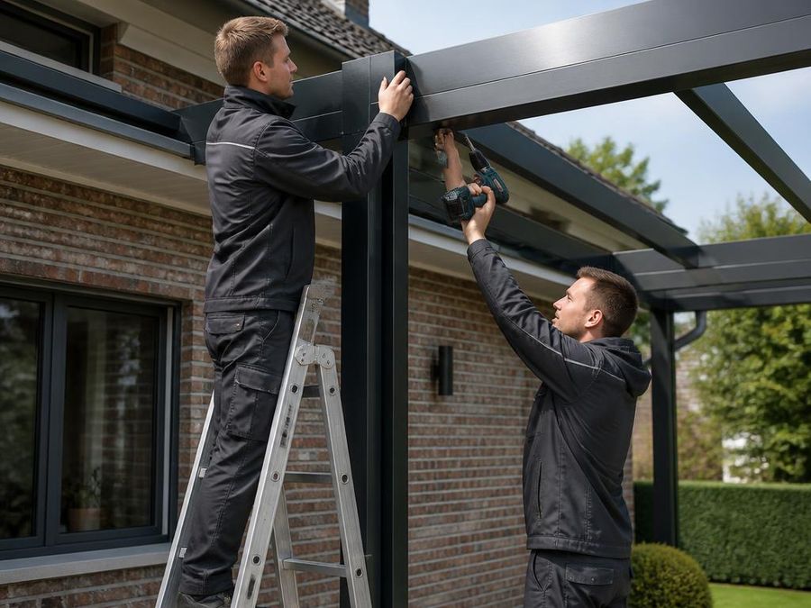 Nickel-Terrassen Montageteam beim Aufbau einer Aluminium-Terrassenüberdachung