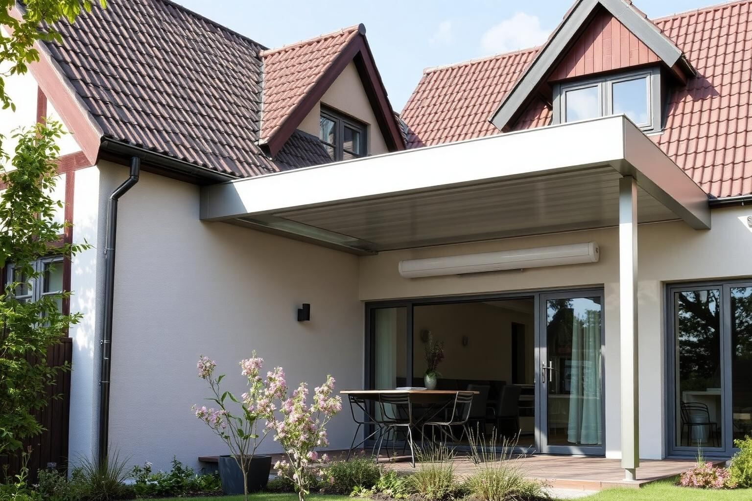 Maßgefertigte Aluminium-Terrassenüberdachung an einem Einfamilienhaus in Neuenkirchen-Vörden
