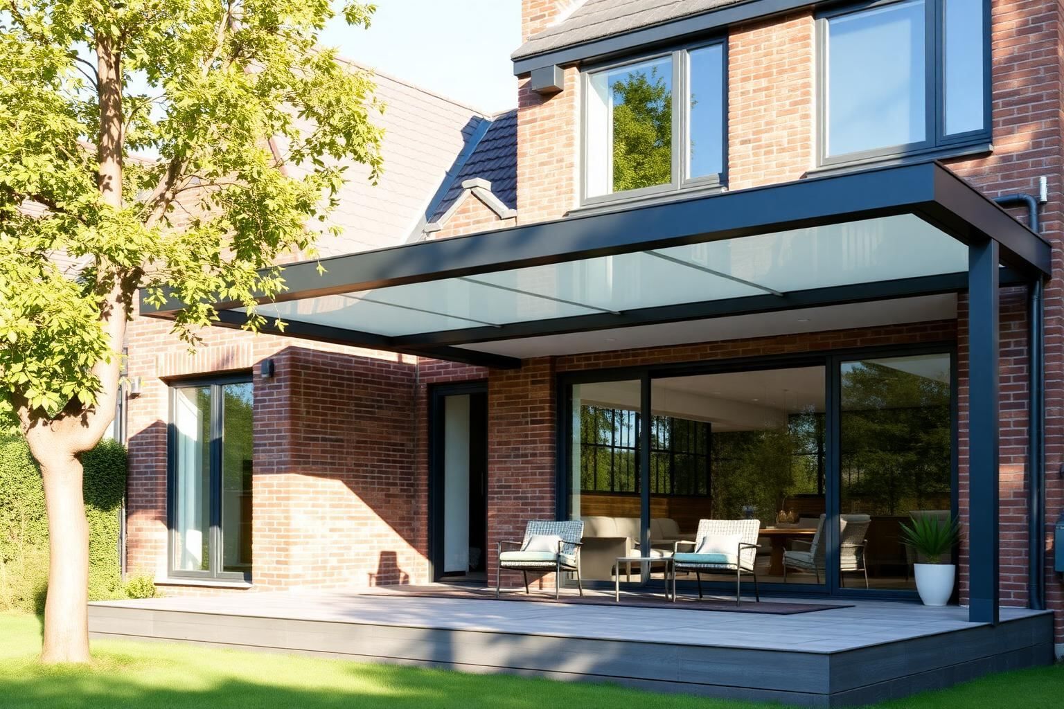 Maßgefertigte Aluminium-Terrassenüberdachung an einem Einfamilienhaus in Oldenburg