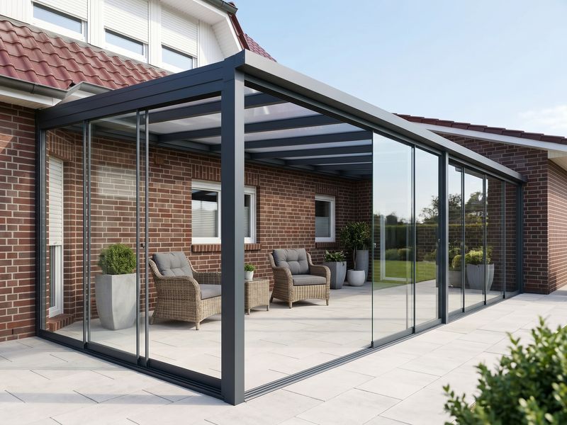Glasschiebewände von Nickel-Terrassen aus Aluminium nach Maß
