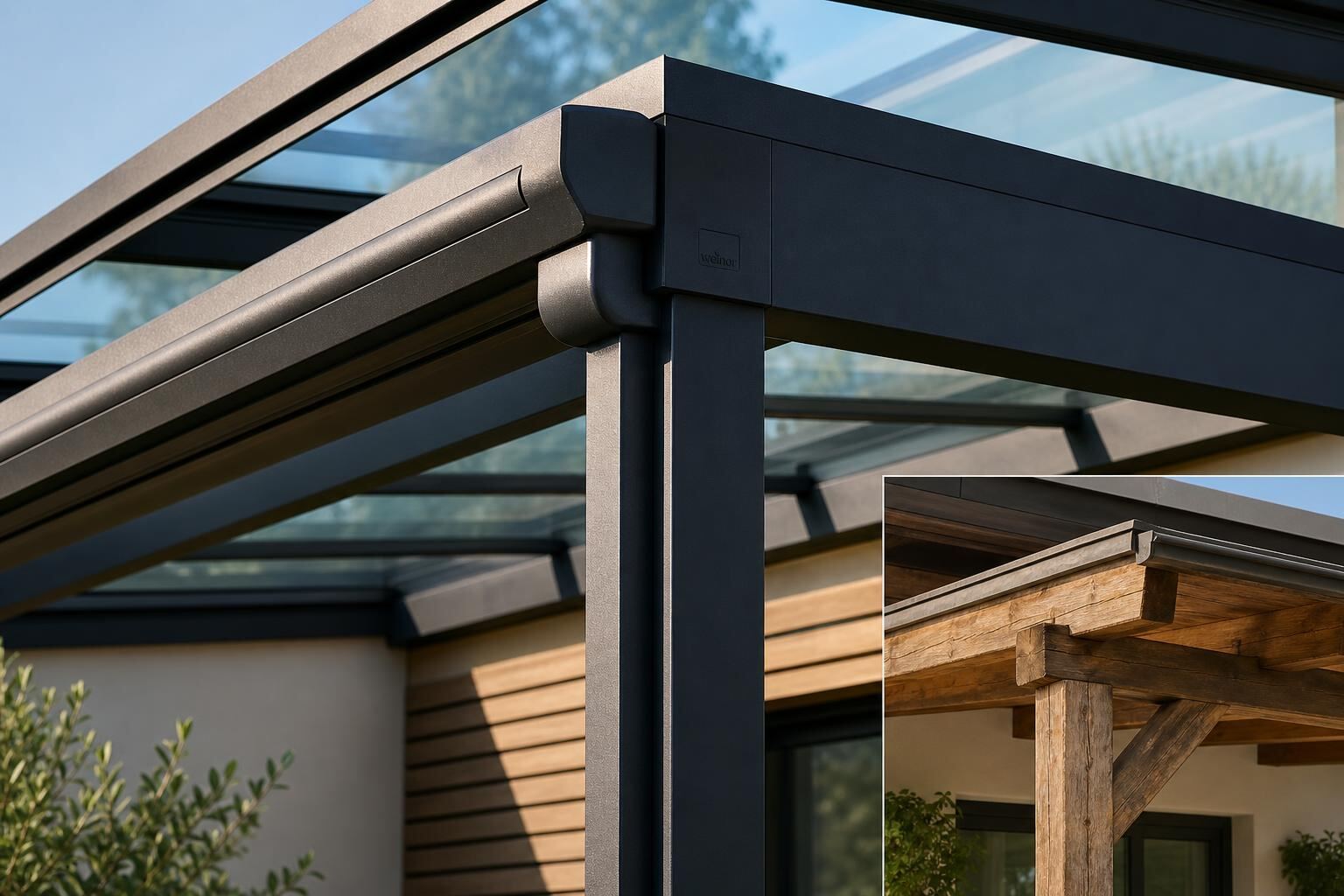 Moderne Aluminium-Terrassenüberdachung im Detail, daneben Vergleichsausschnitt einer Holzkonstruktion