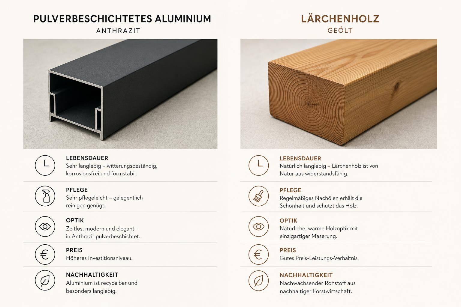 Materialvergleich Aluminium und Lärchenholz – Lebensdauer, Pflege, Optik, Preis und Nachhaltigkeit