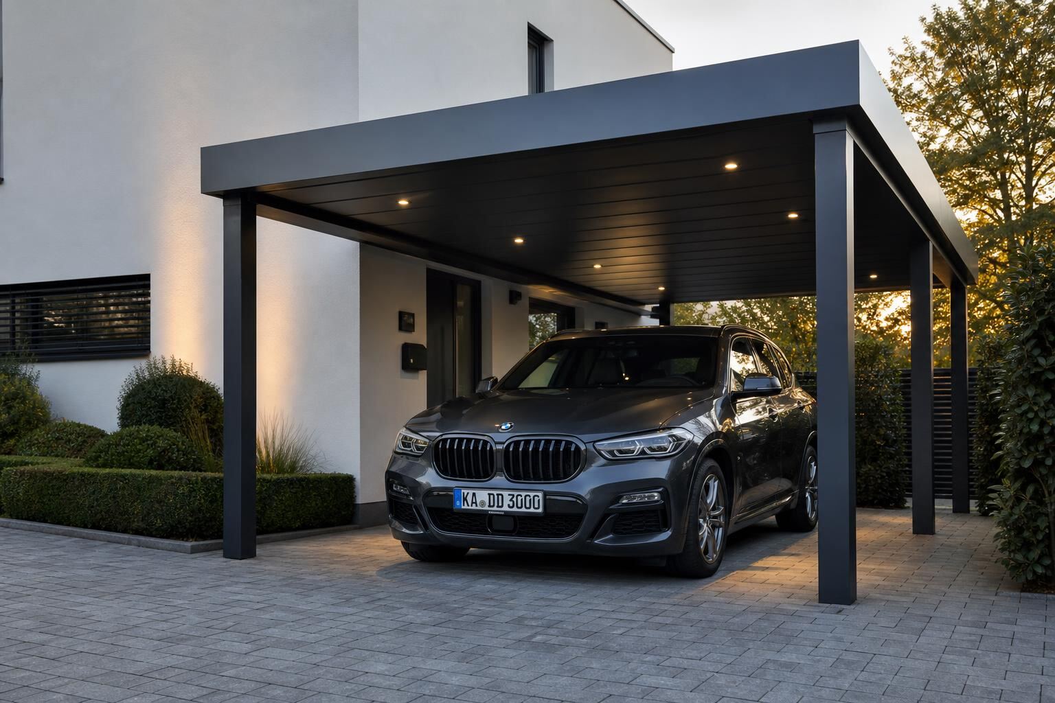 Moderner Aluminium-Carport mit Flachdach an einem zeitgenössischen Einfamilienhaus