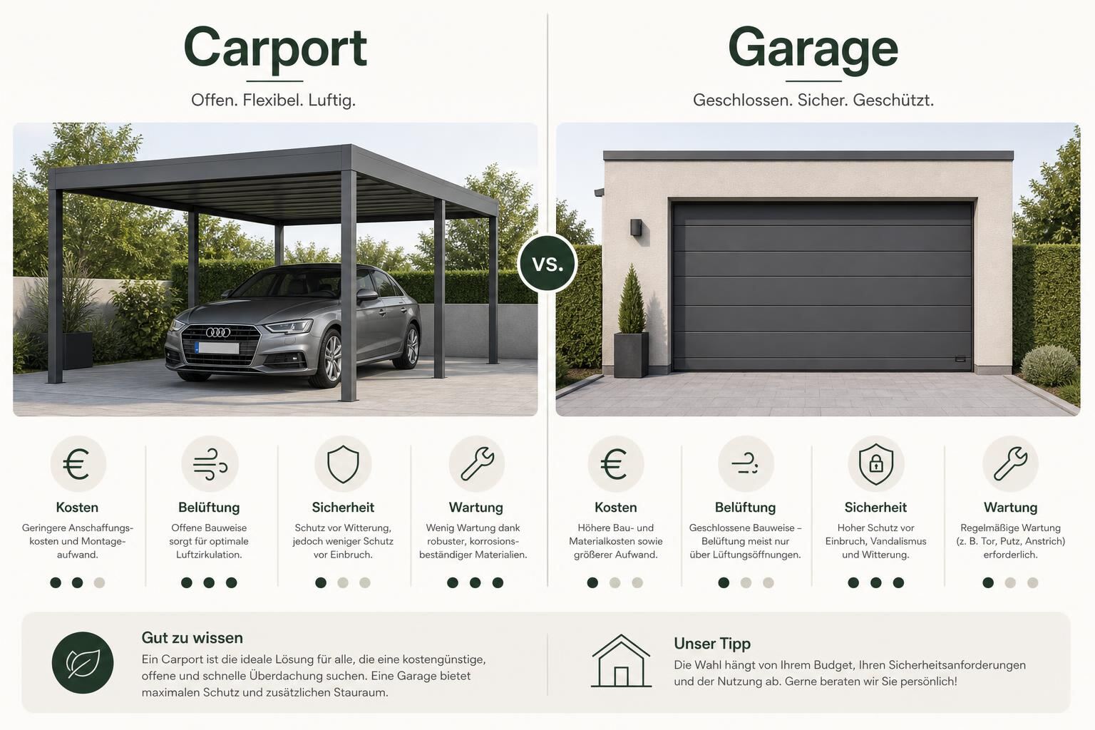 Vergleich Carport vs. Garage – Kosten, Belüftung, Sicherheit, Wartung