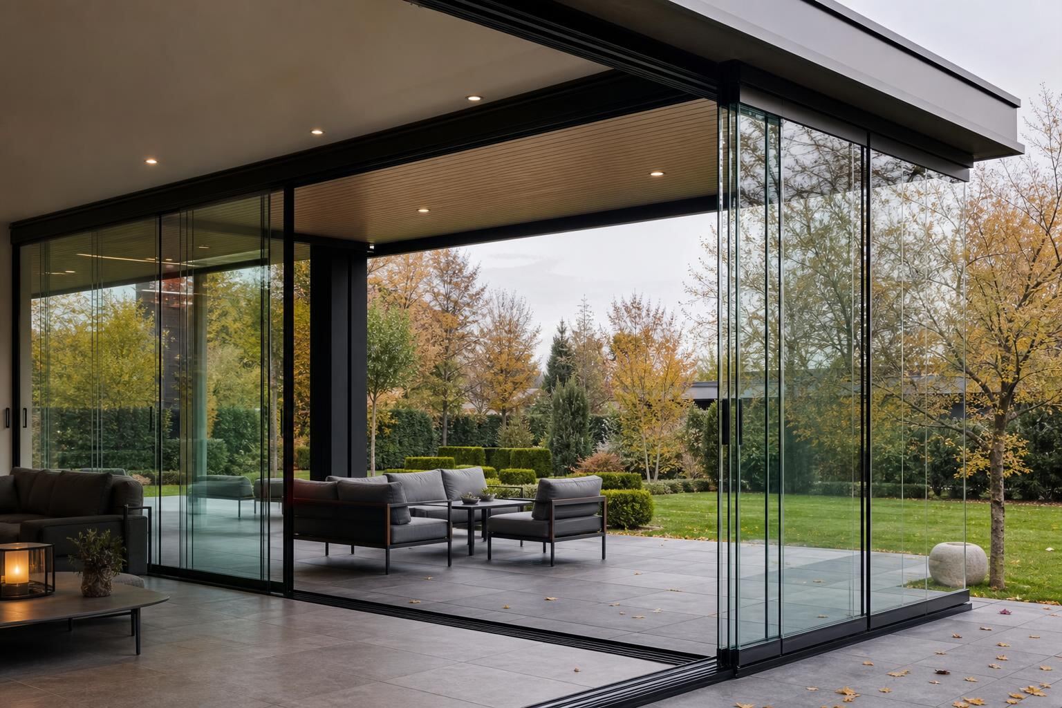 Premium Glasschiebewände an einer modernen überdachten Terrasse