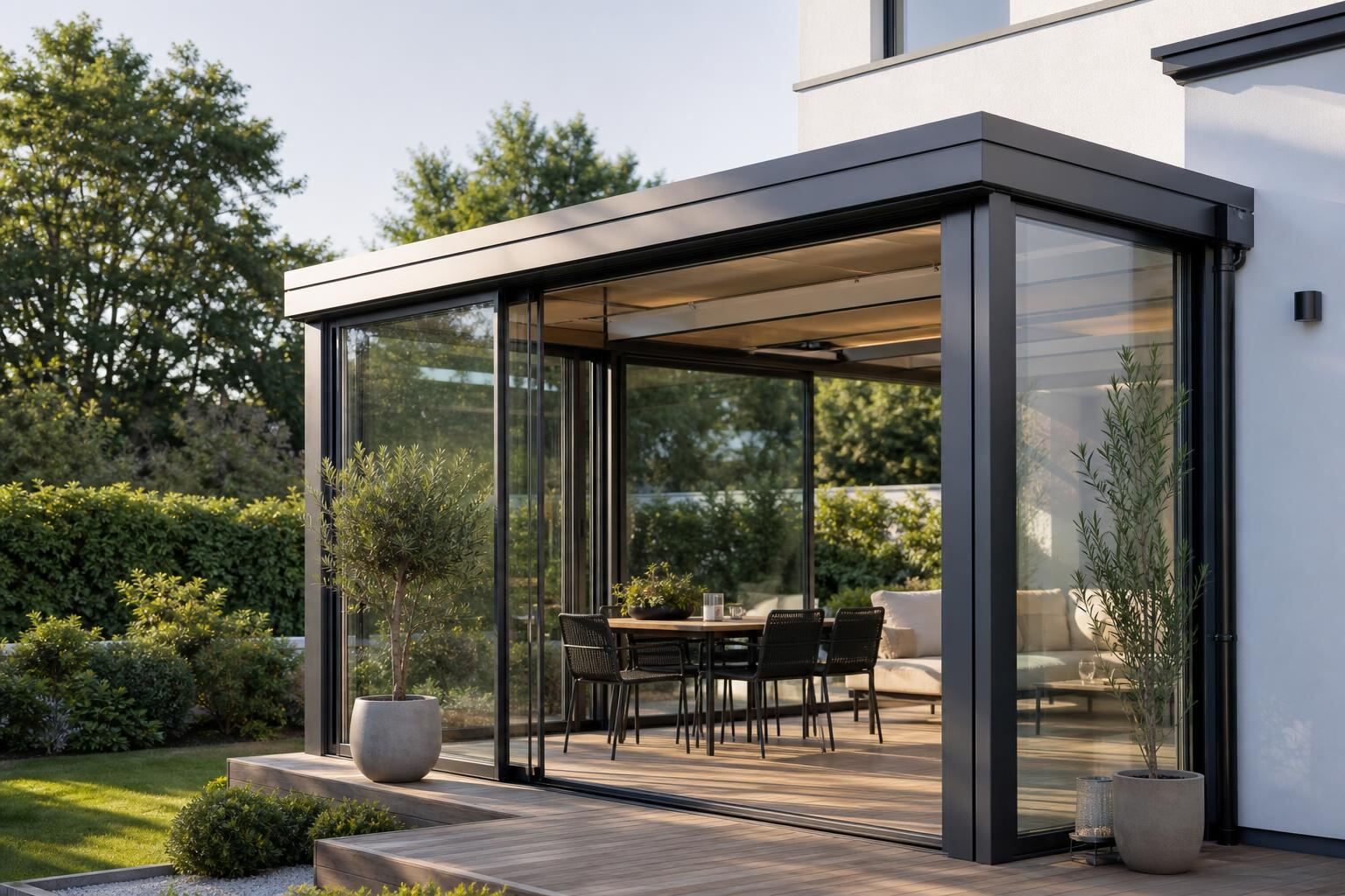 Moderner Sommergarten mit anthrazitfarbenen Aluminium-Profilen und Glas-Schiebewänden