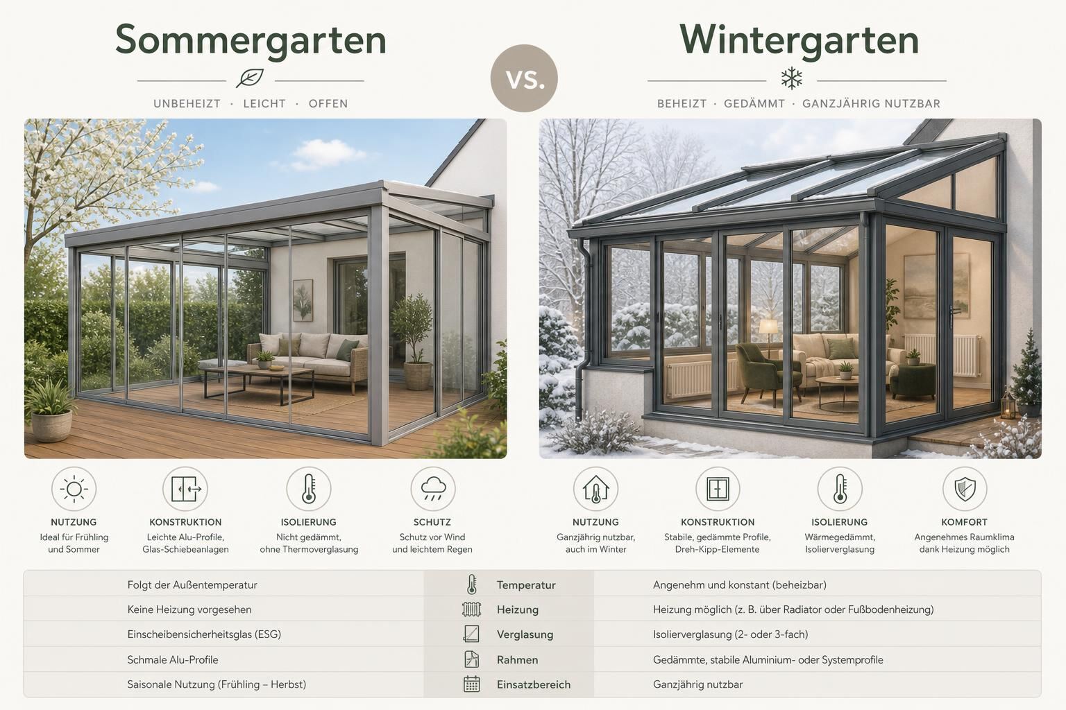 Direkter Vergleich Sommergarten und Wintergarten – Aufbau, Nutzung und Konstruktion