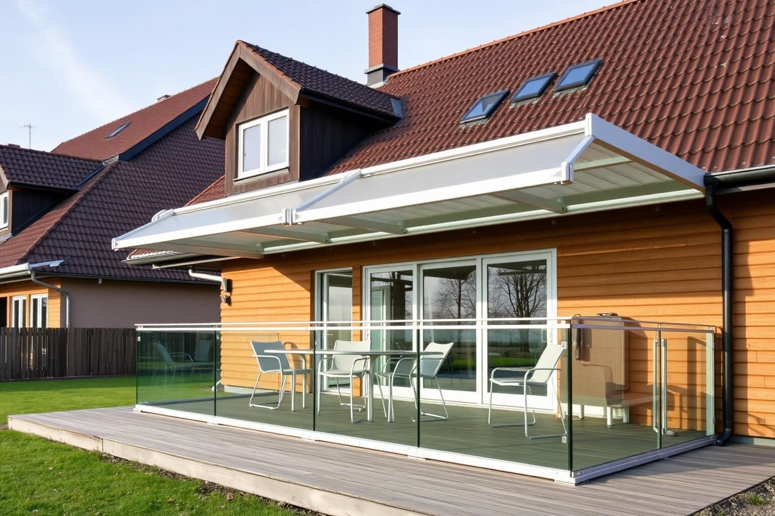 Maßgefertigte Aluminium-Terrassenüberdachung an einem Einfamilienhaus in Saterland