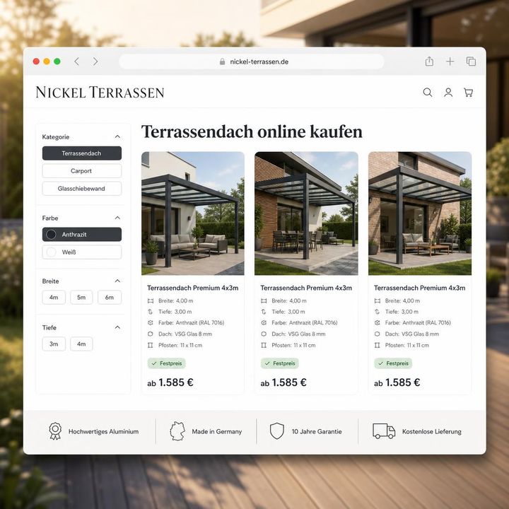 Nickel-Terrassen Online-Shop mit Filter für Kategorie, Farbe, Breite und Tiefe und Festpreis-Anzeige