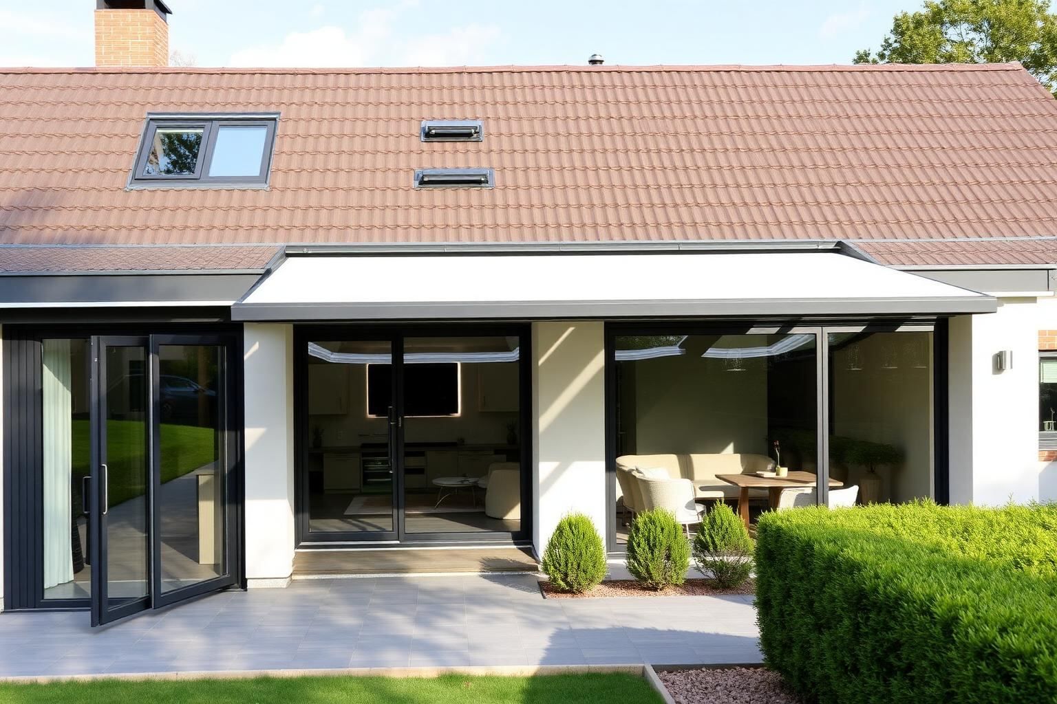 Maßgefertigte Aluminium-Terrassenüberdachung an einem Einfamilienhaus in Vechta