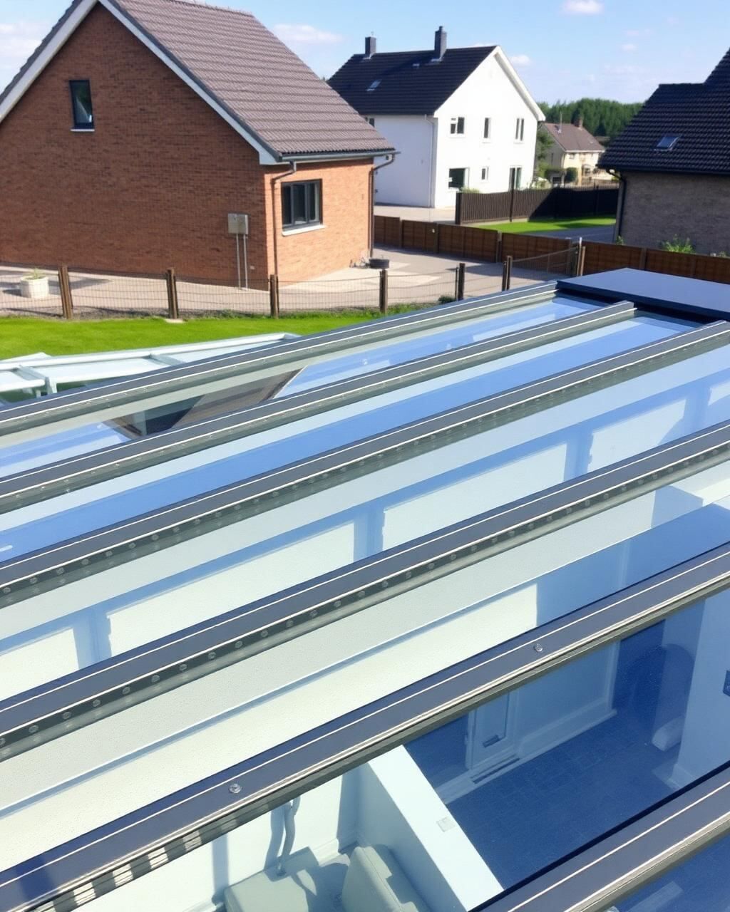 Detailansicht einer Aluminium-Terrassenüberdachung mit Glasdach in Wardenburg