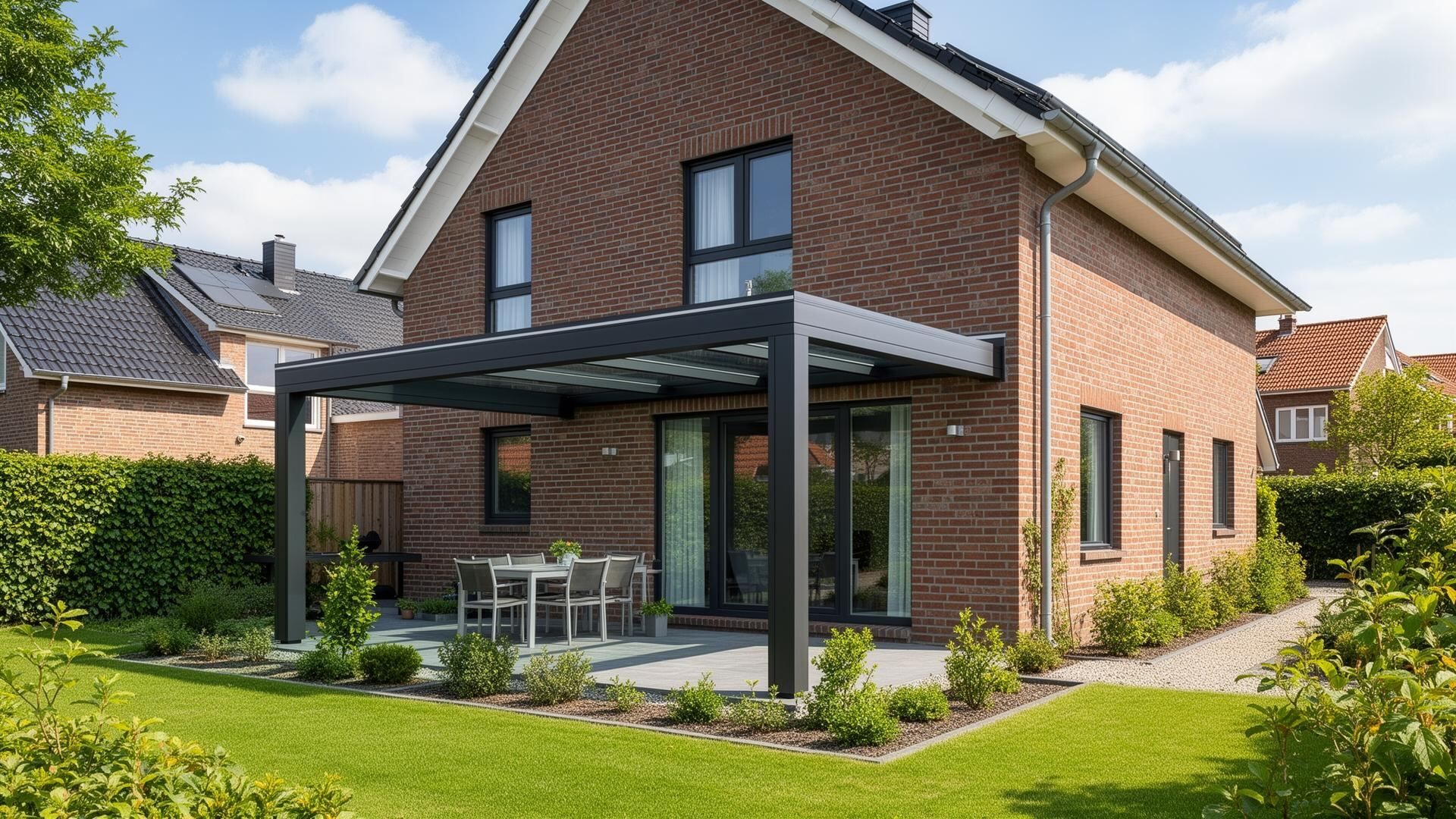 Maßgefertigte Aluminium-Terrassenüberdachung an einem Einfamilienhaus in Wardenburg