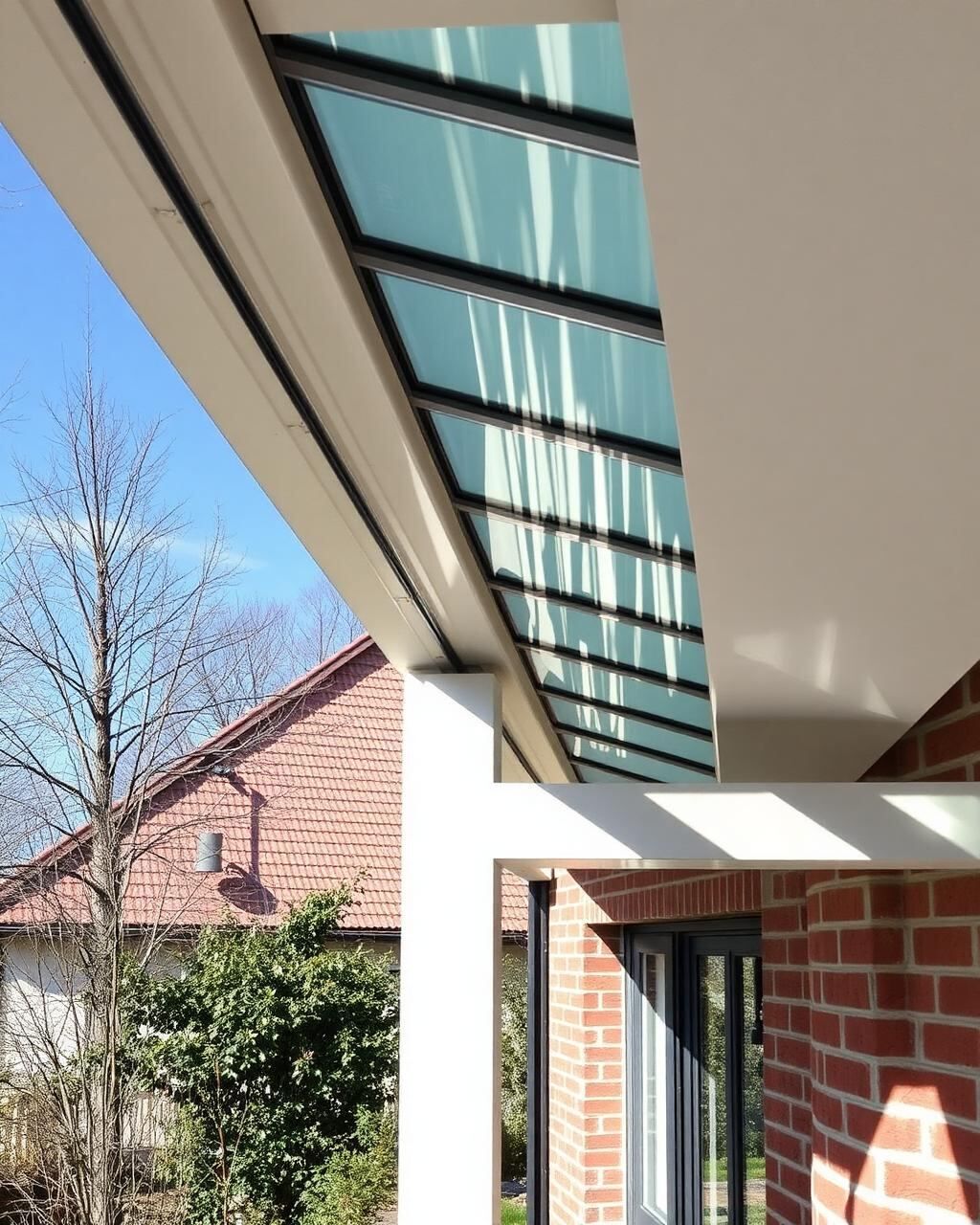 Detailansicht einer Aluminium-Terrassenüberdachung mit Glasdach in Wildeshausen